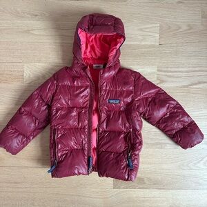 Patagonia Kids Hi Loft Down Sweater Hoodie Jacket, raspberry red / pink.